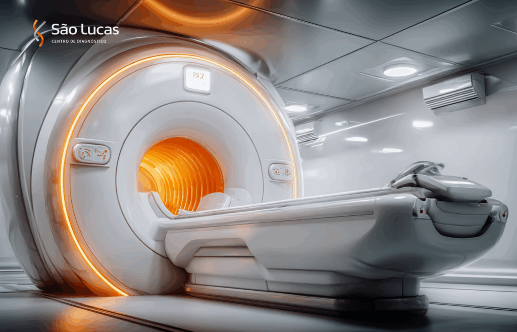 Equipamento moderno de ressonância magnética em sala climatizada e bem iluminada.